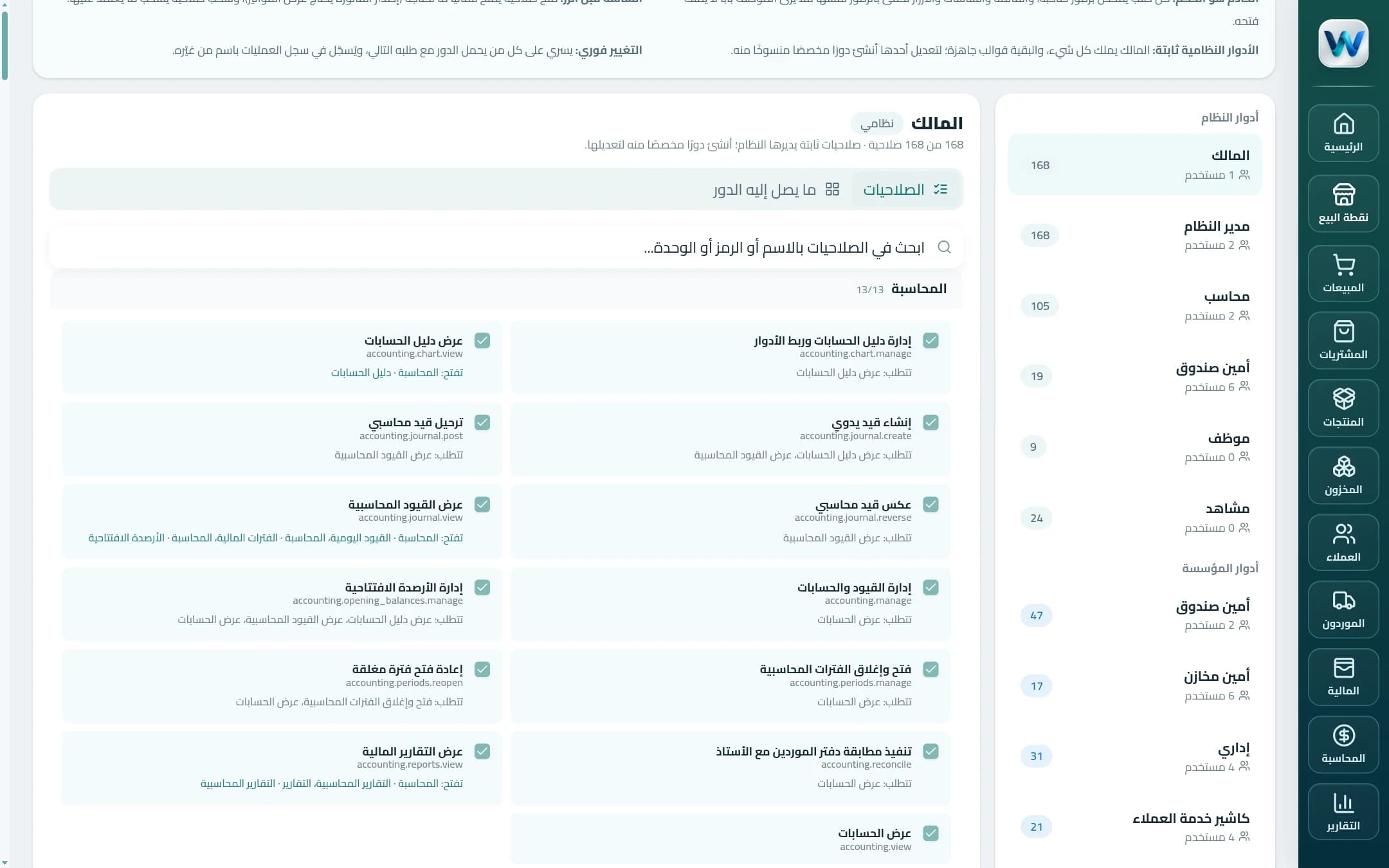 شاشة الأدوار: صلاحيات الدور مقسّمة حسب الوحدة، وكل صلاحية مع وصفها